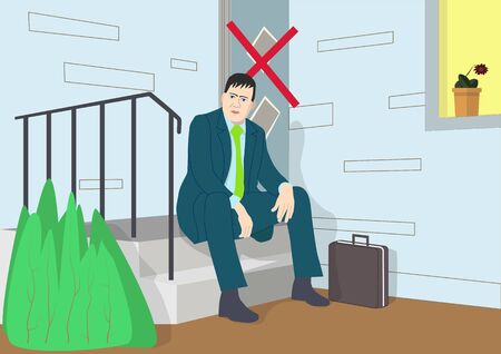 Man in suit sits at home with a closed door. Vector illustration with sad male.のイラスト素材