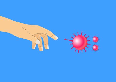 Human hand points a finger at a red bacterium on a blue backgroundのイラスト素材