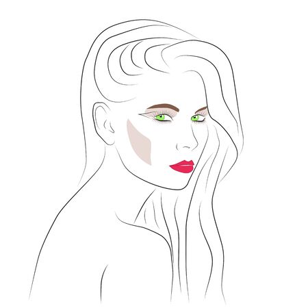 Beautiful woman face with nude make-up hand drawn vector illustration. Graphic, sketch drawing. Stylish original graphics portrait with beautiful young attractive girl modelのイラスト素材