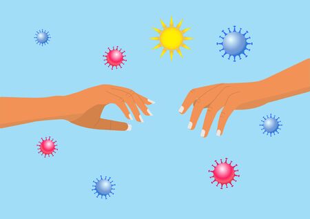 Human hand pointing to another hand on a blue background with viruses. Depicting a pandemic.のイラスト素材