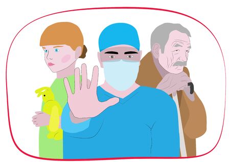 Man, doctor in protective suit and medical mask makes stop gesture with hand, protecting against coronavirus covid-19. Little girl with toy and grandfather with crutch under protection of doctorの写真素材