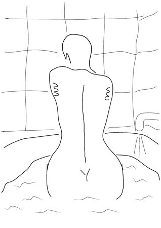 Beautiful woman backs in the bathroom. Vector graphics of a girl sitting in a bath with waterの写真素材