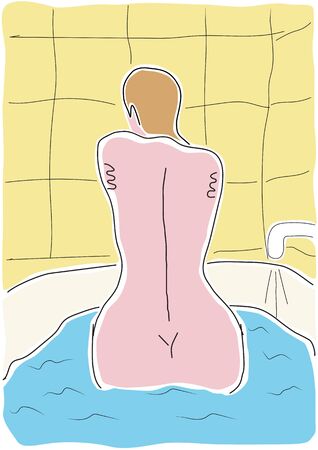 Beautiful woman backs in bathroom. Vector illustration of girl sitting in a bath with water.の写真素材