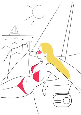 Beautiful young woman in a red swimsuit on a sailing boat lying enjoying the sea. Vector drawing of a cute girl in sunglasses listening to music while relaxingの写真素材