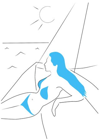 Beautiful woman on a sailing boat lying enjoying the sea. Vector drawing of a young girl relaxingの写真素材