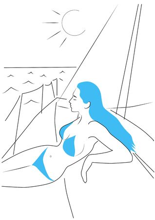 Beautiful woman on a sailing boat lying enjoying the sea. Vector drawing of a young girl relaxingの写真素材