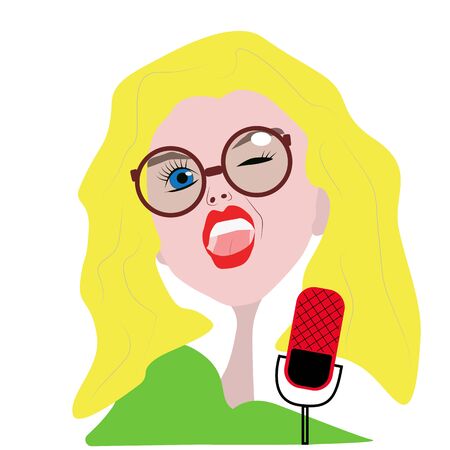 Pop Art Singing Beautiful Young Woman with Microphone. Singer blonde hair with glasses. Vector illustrationの写真素材