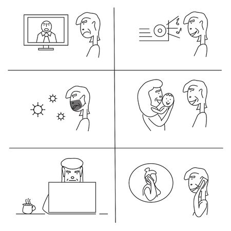 Inner conflict flat vector illustrations set. Internal demons metaphor. People listening to inner voice conceptの写真素材