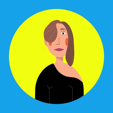 Round icon with a portrait of a brunette woman on yellow. Blue Background Vector Graphic, Illustrationのイラスト素材