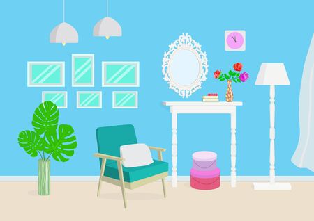 Interior of a living room with an armchair, a mirror, a vase of flowers, a lamp and photo frames. Old-style roomのイラスト素材