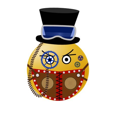 Emoticon in the style of steampunk in a mask and hat. Watch wheels and emoticons in virus protection. Cartoon vector illustration.のイラスト素材