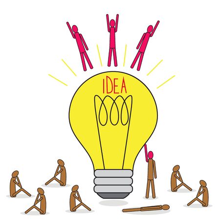 Great idea of brainstorming. Flying people with an idea from a lamp. A group of people around a light bulb sitting. Collection of creative people.のイラスト素材