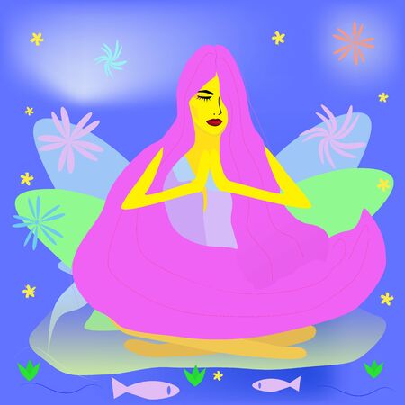 Fantastic illustration of a meditation woman with long pink hair on a magical blue background. A young girl relaxes and does yogaのイラスト素材