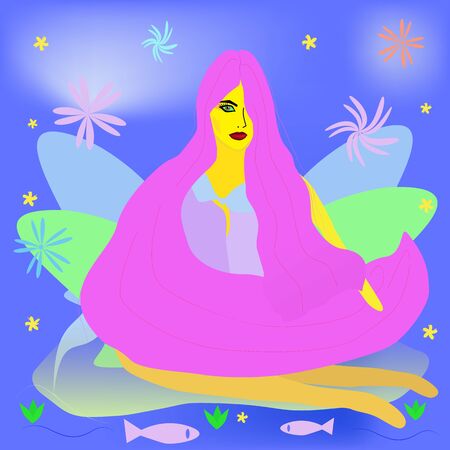 Fantastic illustration of a woman with long pink hair on a magical blue background. A young girl relaxesのイラスト素材