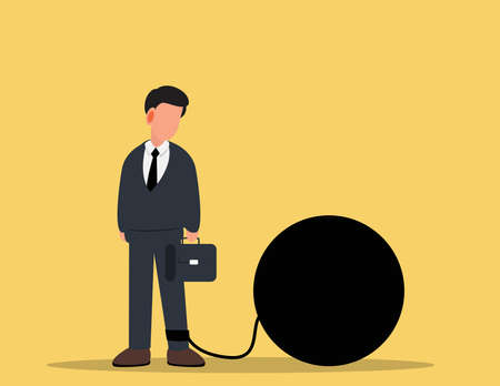 Businessman chained to Big Debt Weight.Business failure  or career crisis concept.のイラスト素材