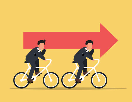 Business team riding bikes and carrying arrow. Concept cute business successful vector illustration, Success, Growth.のイラスト素材
