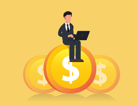 Businessman  with financial target working sitting on gold coins.goal achievement concept.のイラスト素材