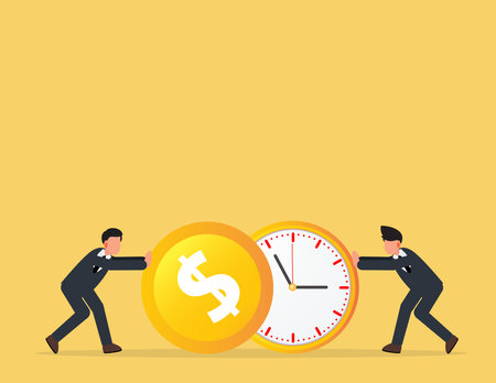 Businessman push a o clock and coin. describe time is money, compete, move and faster. business conceptのイラスト素材