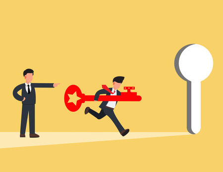 Business people running and carrying key to unlock keyhole.opportunity for career path or goal achievement concept.のイラスト素材