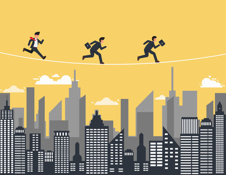 Business people running on rope. Concept for moving ahead with risks and challengesのイラスト素材