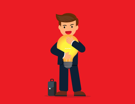 Businessman hugs lightbulb. concept of creative idea or inspirationのイラスト素材