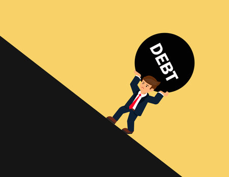 Difficult burden and debt pressure. businessman carrying debt burden uphillのイラスト素材