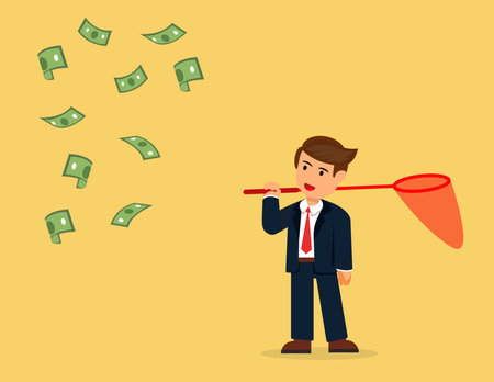 Business man holding a butterfly net and  look at the falling money. business opportunities conceptのイラスト素材