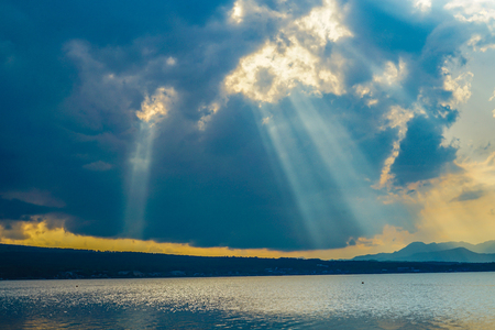 Dusk landscape of Lake Yamanakaの写真素材