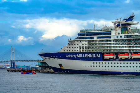 Luxury liner and (Celebrity Millennium) water bus and the Bay Bridgeのeditorial素材