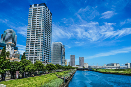 Sunny sky and Minato Mirai of buildingsのeditorial素材
