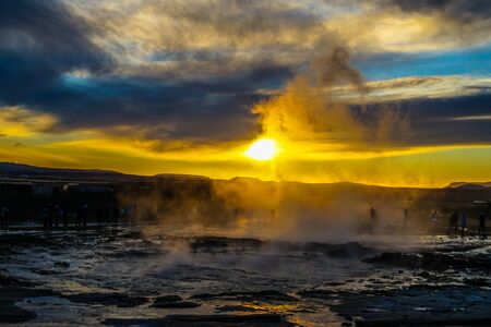 Geysir geyser and sunrise (Iceland)の写真素材