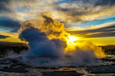 Geysir geyser and sunrise (Iceland)の写真素材