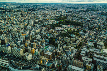 Yokohama city and sunset as seen from the Yokohama Landmark Tower Observation Deckのeditorial素材