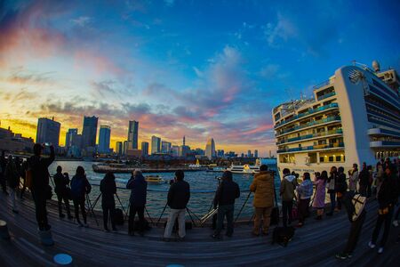 Evening and the silhouette of Yokohama Minato Mirai Universitys Bridgeのeditorial素材
