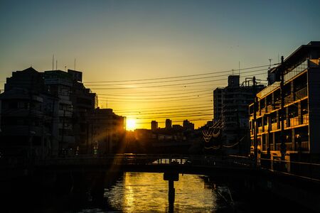 Streets of Yokohama City and sunsetの写真素材