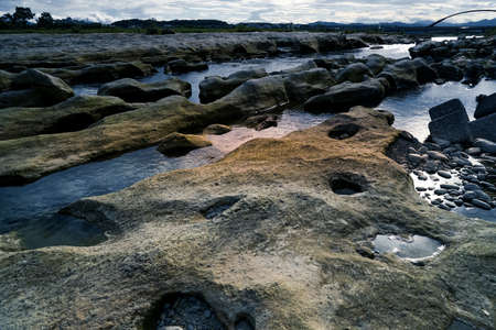 Rock formations band of Tama River (Tokyo Akishima)の写真素材