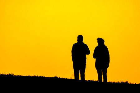 Silhouette of people who sit in the twilight of the hill. Shooting Location: Mitaka City, Tokyoの写真素材