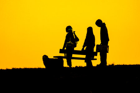 Silhouette of people who sit in the twilight of the hill. Shooting Location: Mitaka City, Tokyoの写真素材