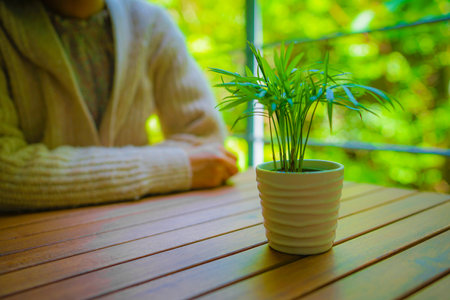 Women Crossed foliage plants and arm. Shooting Location: Yokohama-city kanagawa prefectureの写真素材