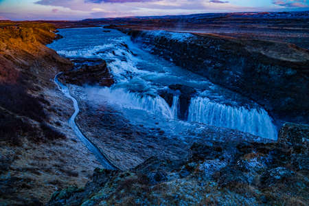Gotorphoss waterfall and morning ray. Shooting Location: Iceland