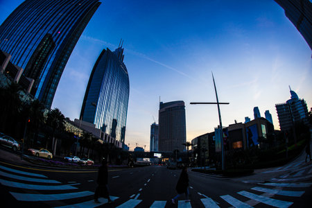 Dubais morning ray and high-rise buildings (United Arab Emirates). Shooting Location: Dubai