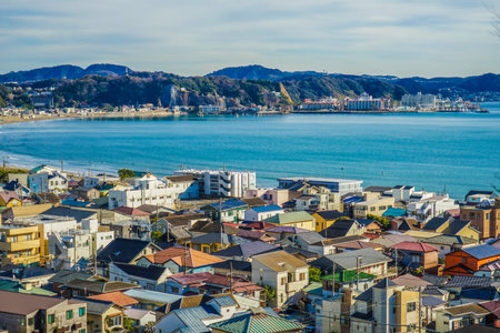 Kamakura residential area and sea. Shooting Location: Kamakura City, Kanagawa Prefectureの写真素材