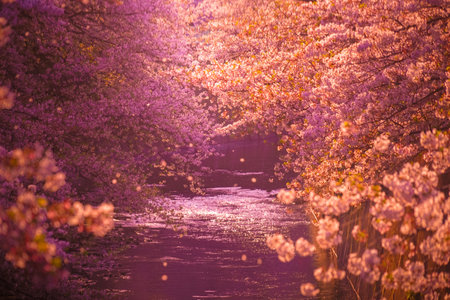 Cherry blossoms in Kanda River and dusk. Shooting Location: Shinjuku-ku, Tokyoの写真素材