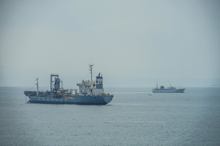 Distant view of transport ships. Shooting Location: Hokkaido Hakodate City