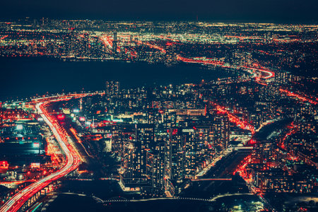 The cityscape under the night sky. Shooting Location: Toronto