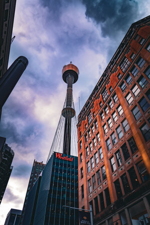 clouds and sydney tower. Shooting Location: sydney, australia
