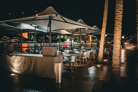 Sydney Harbor restaurant terrace. Shooting Location: sydney, australia
