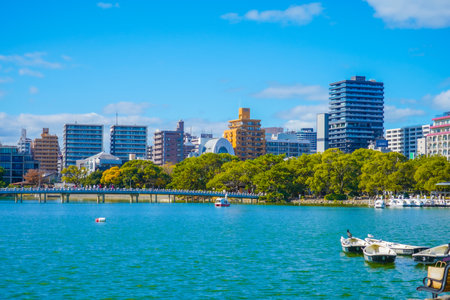 Ohori Park bridge and boat. Shooting Location: Fukuoka prefectureの写真素材