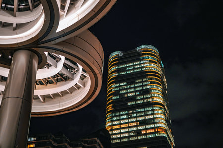 Modern architecture with night light ring. Shooting Location: Minato Ward, Tokyo