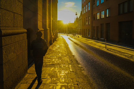 Cityscape illuminated by the setting sun. Shooting Location: sweden, stockholmの写真素材